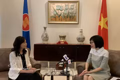 La embajadora Ton Thi Ngoc Huong, jefa de la Misión Permanente de Vietnam ante la ASEAN (derecha) en una entrevista con la VNA. (Foto: VNA)