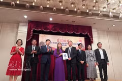 El rector de la Universidad Nacional de Educación de Hanoi, Nguyen Duc Son, entrega la decisión para el establecimiento del Consejo del Examen de Dominio del Idioma Vietnamita en Japón. (Foto: VNA)