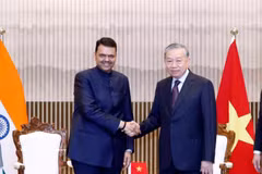 El secretario general del Partido Comunista de Vietnam y presidente del país, To Lam, y el jefe de Gobierno del estado de Maharashtra, Devendra Fadnavis. (Foto: VNA)