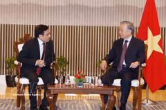 El secretario general del Partido Comunista y presidente de Vietnam, To Lam, y el presidente de la Corporación Nacional de Petróleo y Gas de la India (ONGC), Arun Kumar. (Foto: VNA)