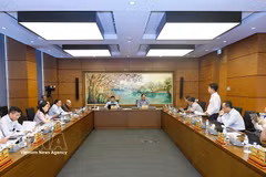 La delegación de la Asamblea Nacional de Hanoi participa en un debate en grupo. (Foto: VNA)