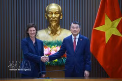 El primer ministro vietnamita, Le Minh Hung, recibe a Fiona Bassett, directora general ejecutiva del proveedor global de índices FTSE Russell. (Fuente: VNA)
