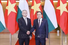 El presidente de la Asamblea Nacional de Vietnam, Tran Thanh Man, sostiene conversaciones con su homólogo húngaro, Kover Laszlo. (Fuente: VNA)