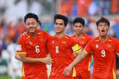 Jugadores vietnamitas celebran el gol del capitán Van Khang. (Fuente: VNA)