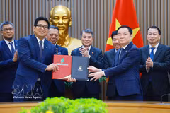 El primer ministro Le Minh Hung presencia la firma de un acuerdo de alianza estratégica entre Petrovietnam y PETRONAS. (Fuente: VNA)