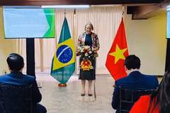 La jefa del Departamento de Administración del MAPA, Mirela Janice Eidt, habla en el evento. (Fuente: Embajada)