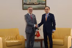 El ministro vietnamita de Relaciones Exteriores, Le Hoai Trung, se reúne con el viceprimer ministro y canciller de Laos, Thongsavan Phomvihane. (Fuente: VNA)