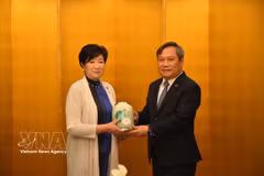 El presidente del Comité Popular de Hanoi, Vu Dai Thang, entrega un obsequio conmemorativo a la gobernadora de Tokio, Koike Yuriko. (Fuente: VNA)