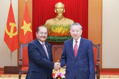 El secretario general del Partido Comunista de Vietnam (PCV), To Lam, recibe a Kikeo Khaykhamphithoune, miembro del Buró Político del Partido Popular Revolucionario y viceprimer ministro de Laos. (Fuente: VNA)