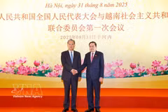 El presidente de la Asamblea Nacional, Tran Thanh Man, y el presidente del Comité Permanente de la Asamblea Popular Nacional de China, Zhao Leji, presiden conjuntamente la primera reunión del Comité de cooperación entre las dos agencias, organizada en agosto de 2025 en Hanoi. (Foto: VNA)
