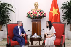 La vicecanciller vietnamita Le Thi Thu Hang se reúne con Phil Nelson, vicepresidente ejecutivo del grupo estadounidense CNN. (Fuente: Cancillería)