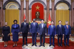 El presidente Luong Cuong con el Embajador de la República de Angola en Vietnam, Fernando Miguel, y delegados. (Fuente: VNA)