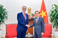 El ministro de Asuntos Exteriores de Vietnam, Le Hoai Trung, recibe al embajador de Francia, Olivier Brochet. (Fuente: Cancillería de Vietnam)