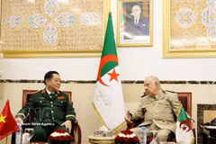 El general Said Chengriha, ministro delegado ante el ministro de Defensa y jefe del Estado Mayor del Ejército Nacional Popular de Argelia, se reúne con el general Nguyen Trong Nghia, miembro del Buró Político, secretario del Comité Central del Partido, miembro permanente de la Comisión Militar Central y jefe del Departamento General de Política del Ejército Popular de Vietnam. (Fuente: VNA)