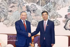 El secretario general del Partido Comunista de Vietnam y presidente del Estado, To Lam, y Chen Gang, miembro del Comité Central del Partido Comunista de China y secretario del Comité partidista de la Región Autónoma Zhuang de Guangxi. (Fuente: VNA)
