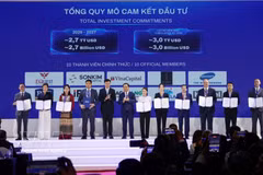 El presidente del Comité Popular de la Ciudad Ho Chi Minh, Nguyen Van Duoc, entrega certificados de membresía del Centro Financiero Internacional de Vietnam en la Ciudad Ho Chi Minh a 10 entidades fundadoras. (Foto: VNA)