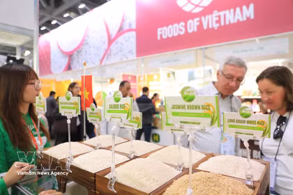Los visitantes aprenden sobre productos de marcas vietnamitas en la exposición. (Foto: VNA)