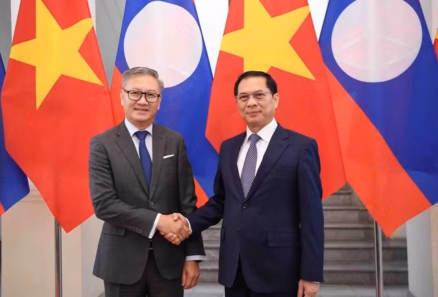El viceprimer ministro y canciller de Vietnam, Bui Thanh Son (derecha), se reúne con el ministro de Relaciones Exteriores de Laos, Thongsavanh Phomvihane (Foto: VNA)