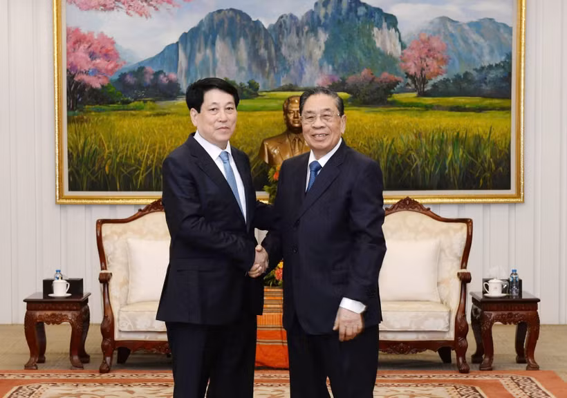 El presidente de Vietnam, Luong Cuong (izquierda), se reúne con el exsecretario general del Partido Popular Revolucionario de Laos Choummaly Sayasone (Foto: VNA)