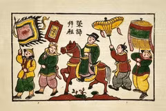 En las pinturas populares de Dong Ho, caballos bellamente decorados llevan a los eruditos exitosos a sus hogares.