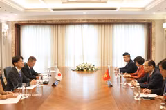 Encuentro entre el canciller de Vietnam, Le Hoai Trung, y el gobernador de la prefectura de Nara, Yamashita Makoto. (Fuente: VNA)