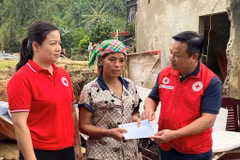 La Cruz Roja de Vietnam brinda ayuda de emergencia a las personas afectadas por el tifón número 11 en Lao Cai. (Fuente: VNA)