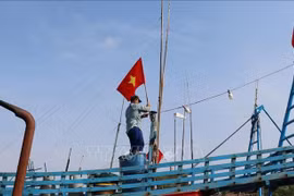 Pescadores izan la bandera de la Patria antes de zarpar para reafirmar la soberanía sobre las islas y mares de la Patria. (Foto: VNA)