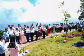 El embajador de China en Vietnam, He Wei, participa en la plantación de 100 árboles de parasol chino (Firmiana simplex) en la provincia de Tay Ninh. (Foto: VNA)