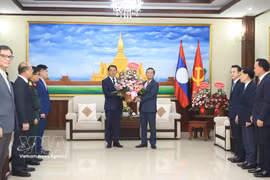 El embajador Nguyen Minh Tam entrega las flores del secretario general del Partido, To Lam, a la Comisión de Relaciones Exteriores del Comité Central del PPRL para felicitar al partido por su 71.º aniversario de fundación. (Foto: VNA)