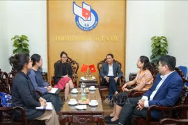 El vicepresidente permanente de la Asociación de Periodistas de Vietnam, Nguyen Duc Loi, recibe a la delegación china, encabezada por la responsable de redes sociales del Centro de Cooperación Internacional del Grupo de la Prensa Diaria de Yunnan, Wang Huan. (Foto: VNA)