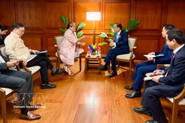 El miembro del Buró Político y ministro de Relaciones Exteriores de Vietnam, Le Hoai Trung, en reunión con la canciller de Filipinas, Maria Theresa Lazaro. (Foto: VNA)