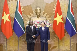 El titular de la Asamblea Nacional de Vietnam, Tran Thanh Man, recibe al presidente de Sudáfrica, Matamela Cyril Ramaphosa. (Foto: VNA)