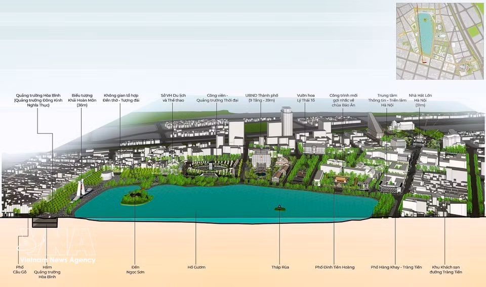 Sección general del espacio arquitectónico y paisajístico del lago Hoan Kiem. (Foto: VNA)