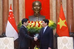 El presidente vietnamita Luong Cuong (derecha) se reunió con el primer ministro singapurense, Lawrence Wong. (Fuente: VNA)