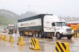 Camiones portacontenedores entran en la zona de carga y descarga. Foto: VNA