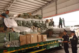 Funcionarios de aduanas inspeccionan vehículos y mercancías importadas en el puesto fronterizo internacional de Huu Nghi (provincia de Lang Son). Foto: VNA