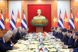 El secretario general del Partido Comunista de Vietnam, To Lam, sostiene una reunión con el primer secretario del Comité Central del Partido Comunista y presidente de la República, Miguel Díaz-Canel Bermúdez. (Fuente: VNA)