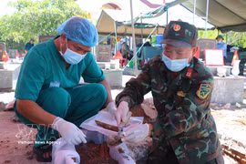 Se recolectan muestras biológicas de las tumbas de los mártires en el cementerio de Pho An, barrio de Tra Cau, provincia de Quang Ngai. Foto: VNA
