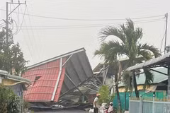 Fuertes lluvias y tormentas eléctricas provocan el derrumbe de un almacén de arroz de una empresa en la comuna de Dinh Thanh (provincia de An Giang). Foto: VNA
