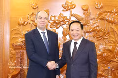 El miembro del Buró Político y jefe de la Comisión de Propaganda, Educación y Movilización de Masas del Comité Central del Partido Comunista de Vietnam, Trinh Van Quyet, y el embajador de Cuba, Rogelio Polanco Fuentes. (Foto: VNA)