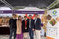 Vu Thi Thuy, vicecónsul general y jefa de la Oficina Comercial de Vietnam en Hong Kong (segunda por la izquierda), y representantes de empresas participantes en la feria. Foto: VNA