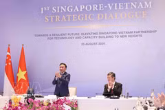 El miembro del Buró Político y permanente del Secretariado del Comité Central del Partido Comunista de Vietnam, Tran Cam Tu, y el subsecretario general del Partido de Acción Popular, ministro coordinador de Servicios Públicos y titular de Defensa de Singapur, Chan Chun Sing, copresiden el primer Diálogo Estratégico Singapur-Vietnam. (Foto: VNA)
