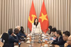 La viceministra de Relaciones Exteriores, Le Thi Thu Hang, da la bienvenida a los periodistas y les informa sobre algunos de los logros recientes de Vietnam. (Foto: Ministerio de Relaciones Exteriores)