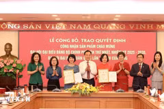 Lai Xuan Lam, subsecretario del Comité del Partido del Gobierno, entrega la decisión de reconocer los trabajos de la Agencia Vietnamita de Noticias para dar la bienvenida a la primera Asamblea del Partido del Gobierno y al XIV Congreso Nacional del Partido (Foto: VNA)