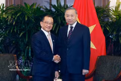 El secretario general del Partido Comunista y presidente de Vietnam, To Lam, sostiene un encuentro con el presidente del Parlamento de Singapur, Seah Kian Peng. Foto: VNA