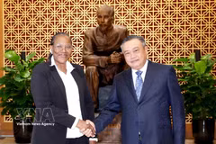 El miembro del Buró Político y jefe de la Comisión de Control Disciplinario del PCV, Tran Sy Thanh, recibe a Ana Comoana, miembro del Buró Político y jefa de la Comisión de Control Disciplinario del Comité Central de FRELIMO. (Foto: VNA)