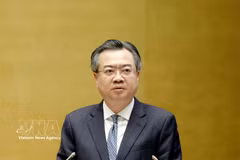 El miembro del Buró Político, secretario del Comité Central del Partido Comunista de Vietnam y jefe de su Comisión de Política y Estrategia, Nguyen Thanh Nghi, presenta el informe. (Foto: VNA)