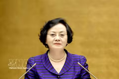 La secretaria del Comité Central del Partido Comunista de Vietnam y viceprimera ministra del país, Pham Thi Thanh Tra, interviene en la cita. (Foto: VNA)