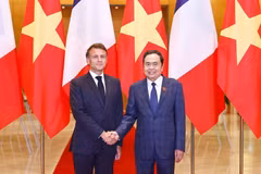 El presidente de la Asamblea Nacional de Vietnam, Tran Thanh Man (derecha), saluda al presidente de Francia, Emmanuel Macron (Foto: VNA)