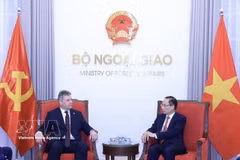 El miembro del Buró Político y ministro de Relaciones Exteriores de Vietnam, Le Hoai Trung (derecha), recibe a Roman Roun, presidente del Partido Comunista de Bohemia y Moravia. (Foto: VNA)